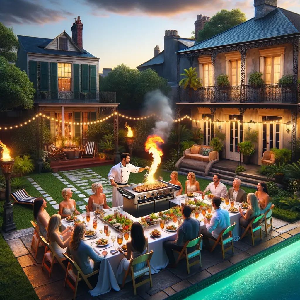 Hibachi chef cooking in a backyard